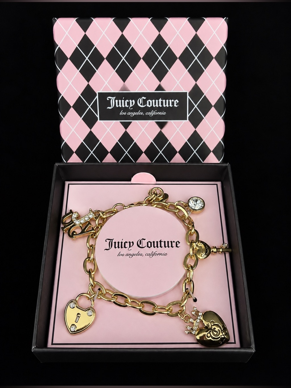 Juicy Couture Heritage Gold-Tone Crystal Charm Bracelet in Gift Box